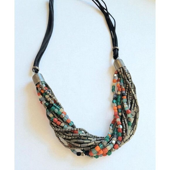 Boho Chunky Necklace Beads Silver Tone Glass Stone Orange Teal Blue 22" - Picture 1 of 6